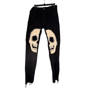 MNML Mens Skull Patch Denim Jeans Black Distressed Raw Hem Size 30 Streetwear